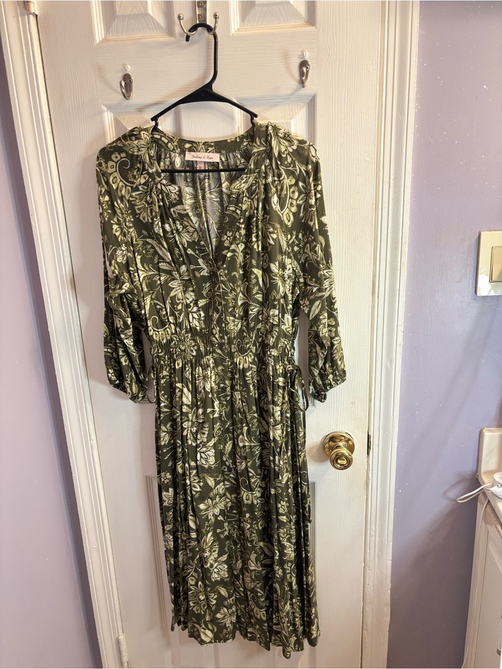 Olive Floral Midi Dress with Smocked Waist